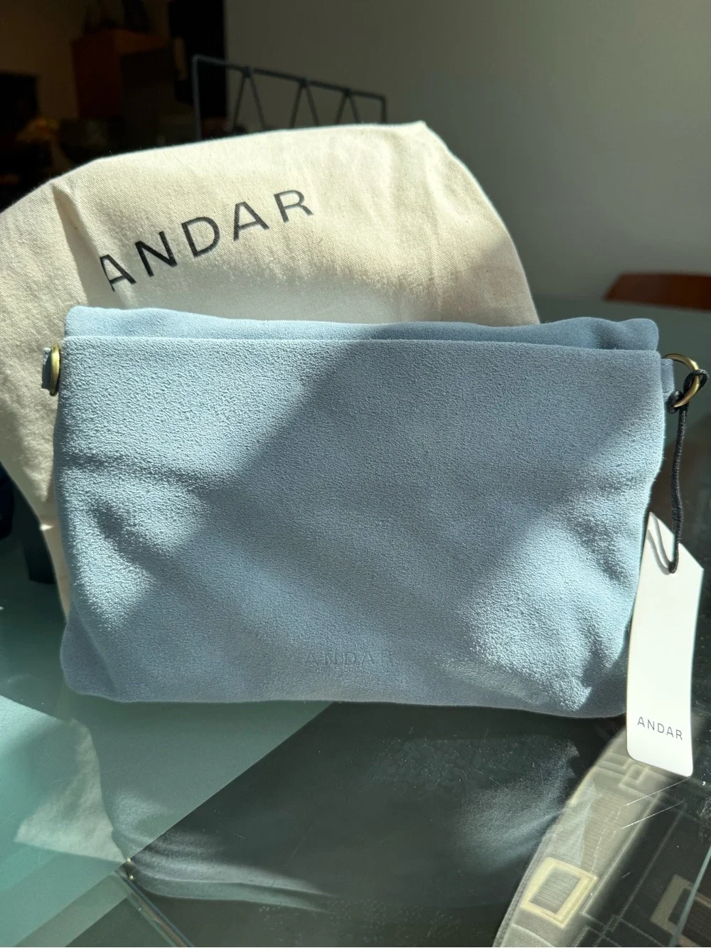Andar Light Blue Suede Fold-Over Crossbody Bag